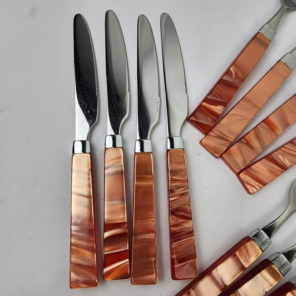 Inox 18/10 Italy Orange Swirl Acrylic Handle Modern Sleek Flatware 19pc
